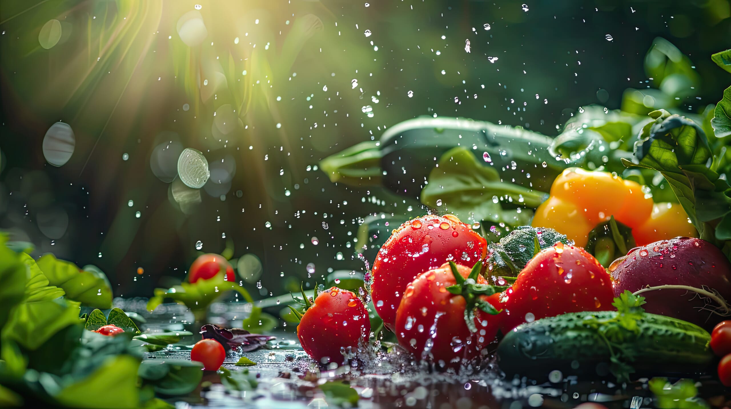 水が野菜の表面に当たるイメージ写真